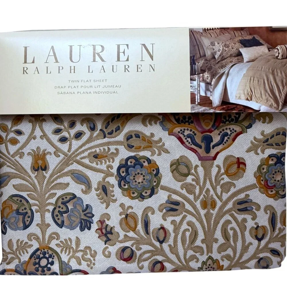 LAUREN Ralph Lauren Twin Flat Sheet Beige Marakesh Paisley 100% Cotton NEW